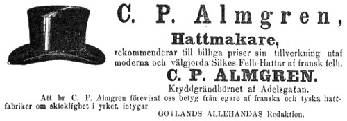 C. P. Almgren, Hattmakare.